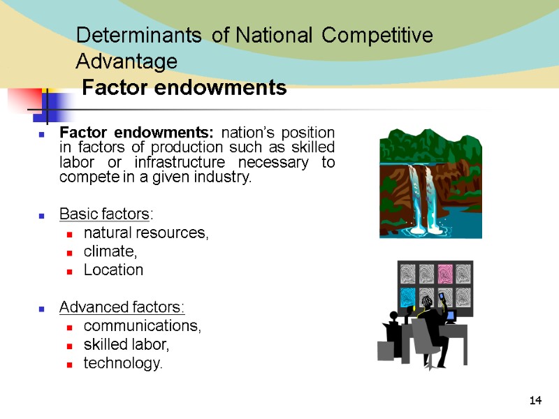 14 Determinants of National Competitive Advantage  Factor endowments Factor endowments: nation’s position in